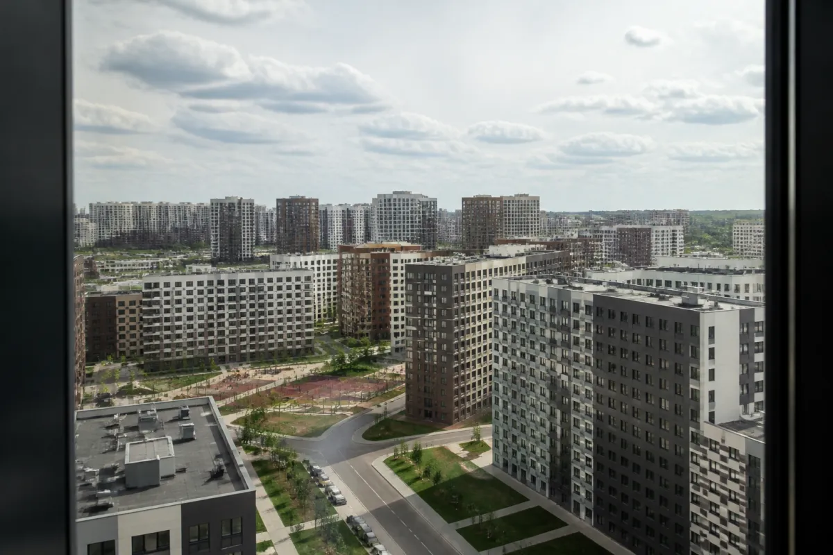 Вид из окна новостройки на город
